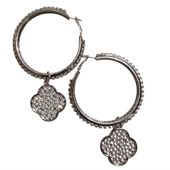 Four Leaf Earrings Silver Large Hoop Rhinestone Crystal Dangle 2" - Picture 1 of 4